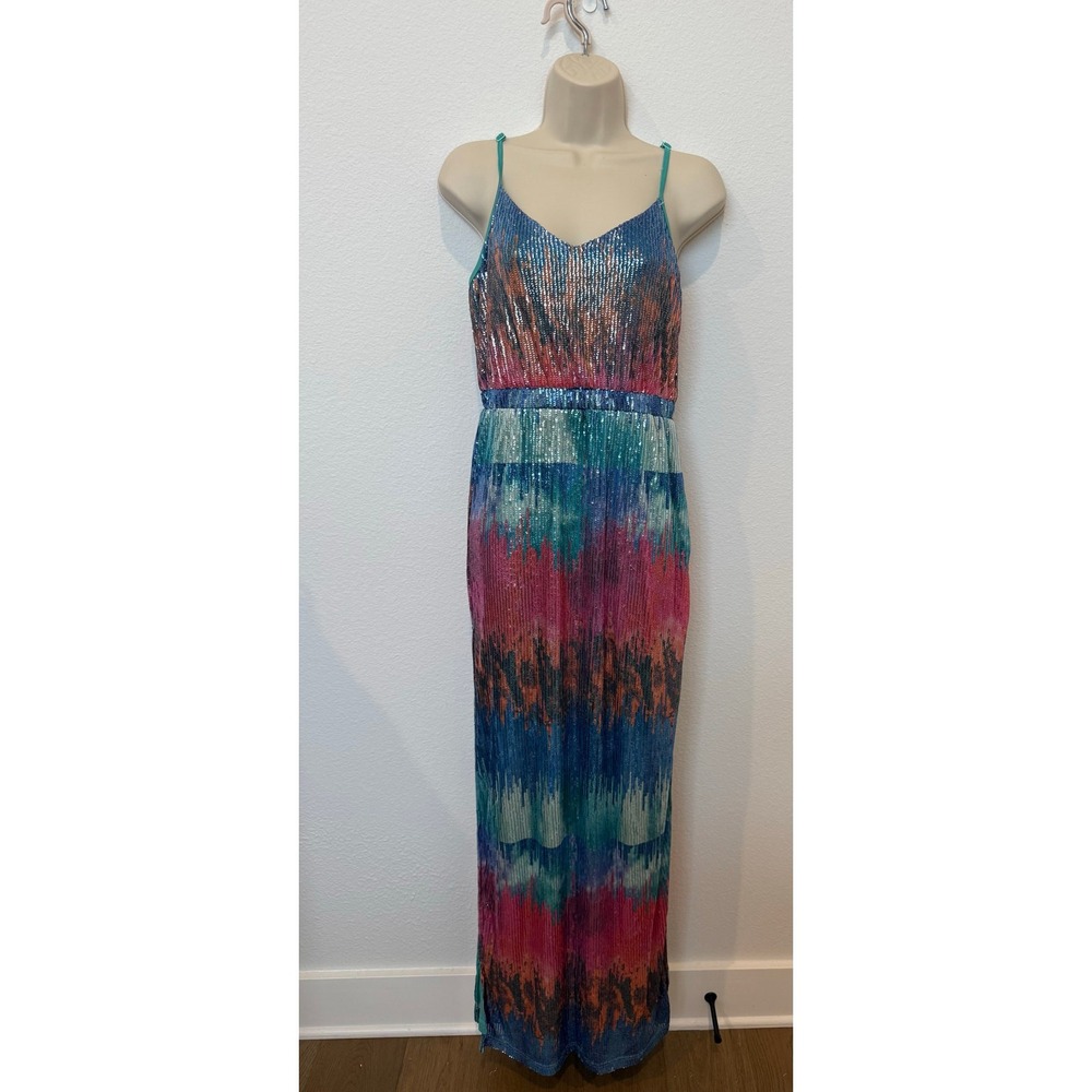 NWT L&B Sequin Multicolor Maxi Dress Slits Adjustable Straps Pink Blue